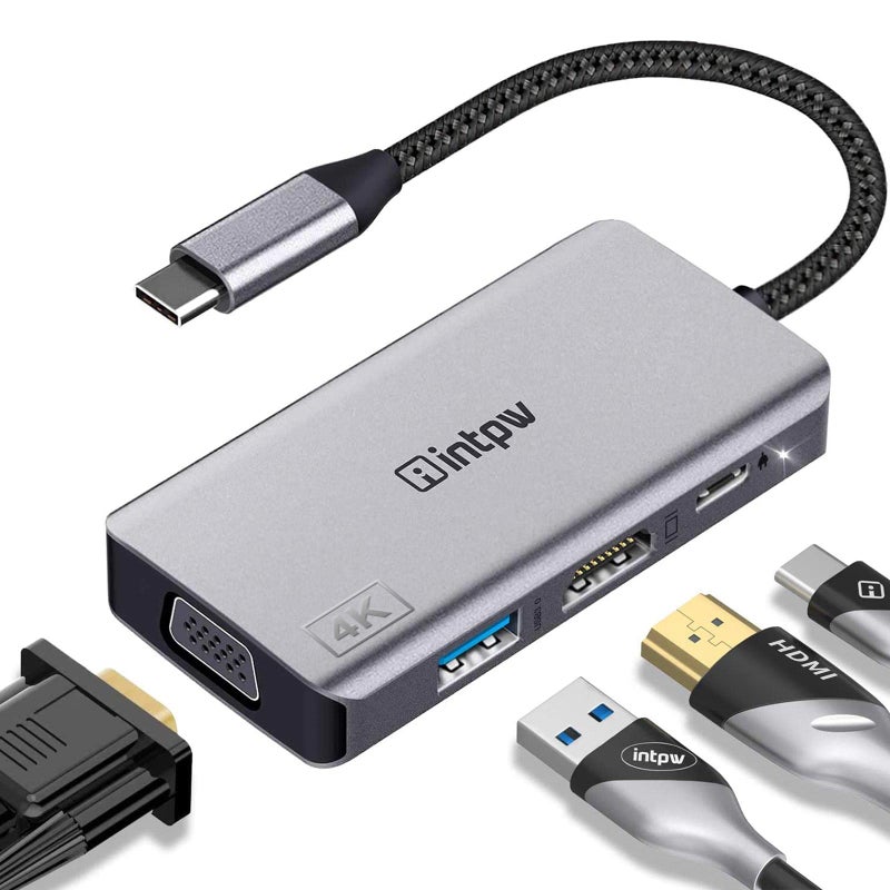 intpw USB C Hub, 4 in 1 VGA to HDMI Adapter with PD 100W, 4K HDMI, Type-A 3.0 5Gbps, 1080P VGA, Alumimun USB Hub for Laptop, MacBook Pro/MacBook Air/ipad Pro/Dell XPS - Image 1